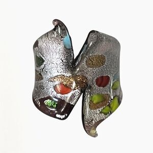 Hand Blown Dichroic Glass Ring Sz 7 - 7.5 Silver Tone Purple Venetian Style Art